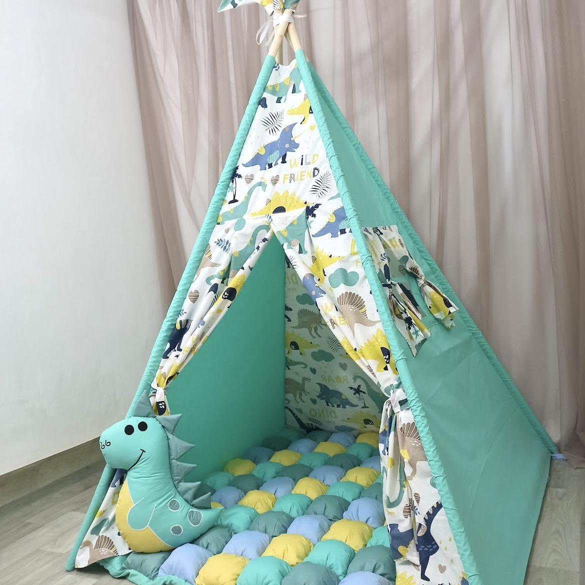 Tenda gioco con dinosauro verde acqua