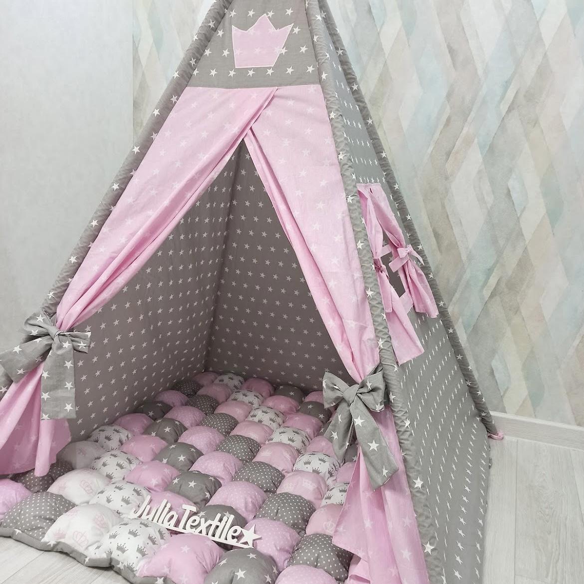 Tenda gioco con tappeto con corona rosa grigio