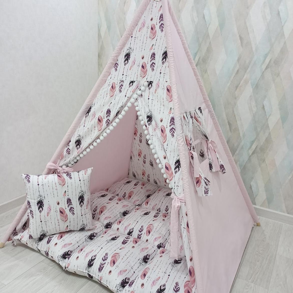 Tenda gioco con tappeto decorata piume bianco rosa