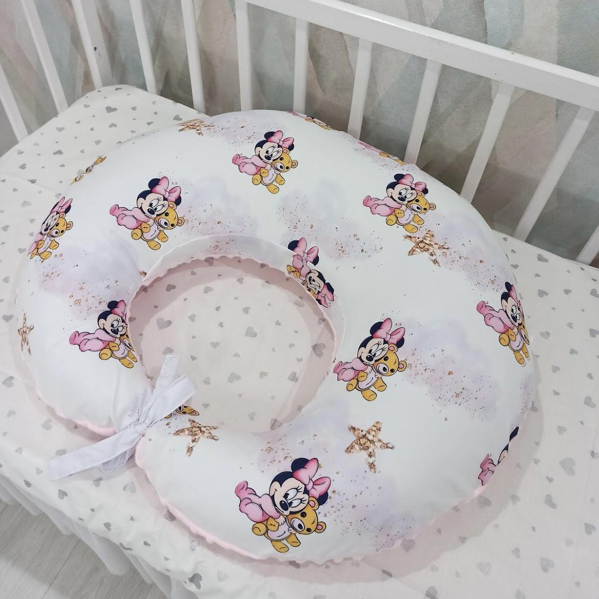 Nursing pillow with minnie print with white pink teddy bear