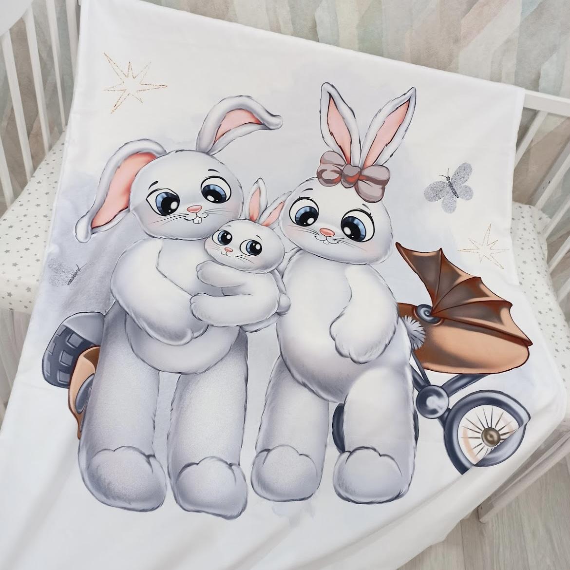 Coperta double face con la stampa famiglia coniglietti bianco grigio