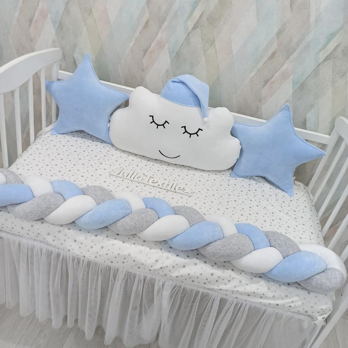 Set of star and cloud character cushions in blue and white velvet