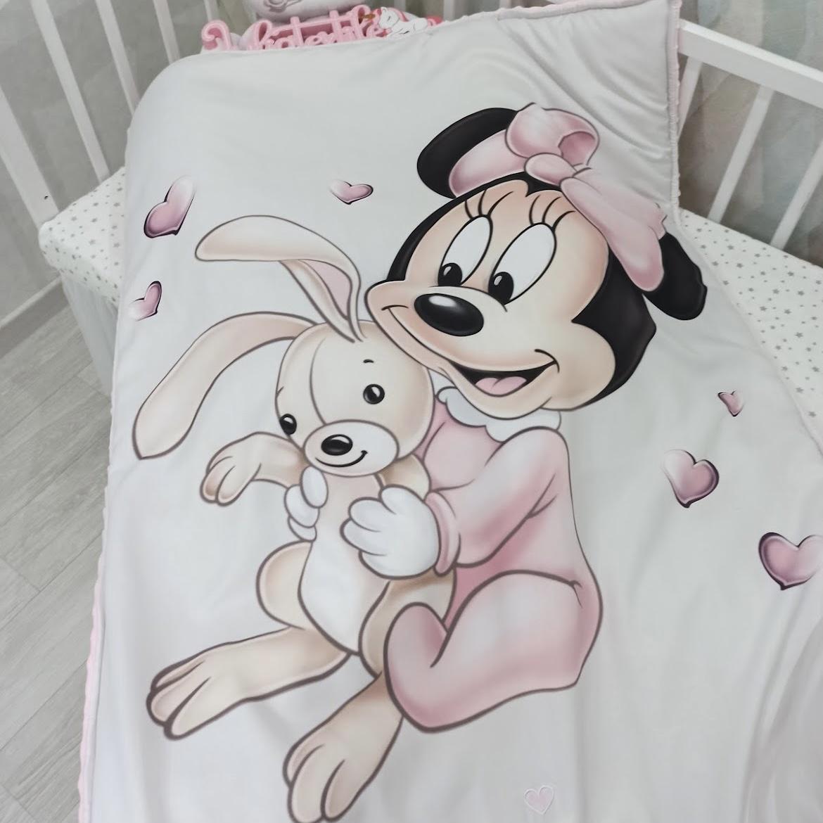 Coperta double face con la stampa minnie e coniglietto rosa bianco