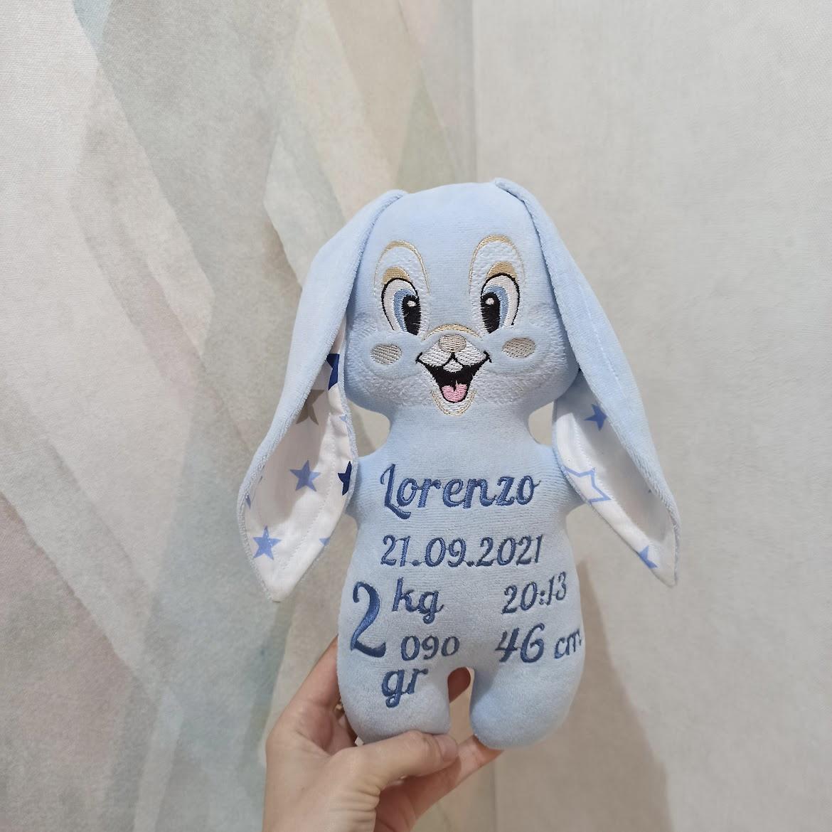 Pupazzo personalizzato coniglietto azzurro blu con stelline