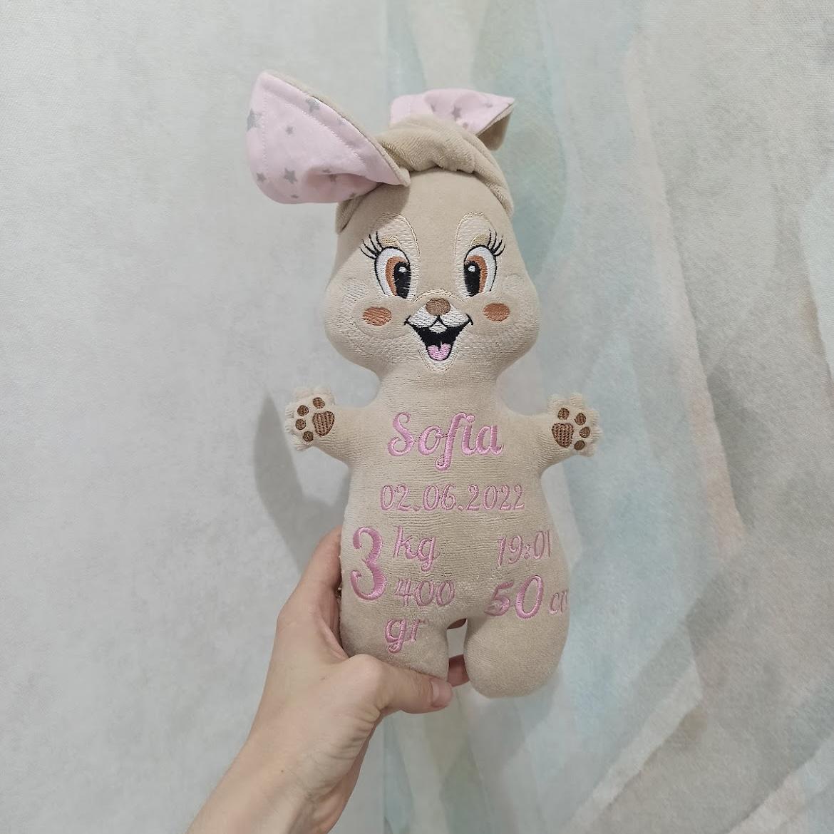 Pupazzo personalizzato coniglietta tortora rosa con stelline