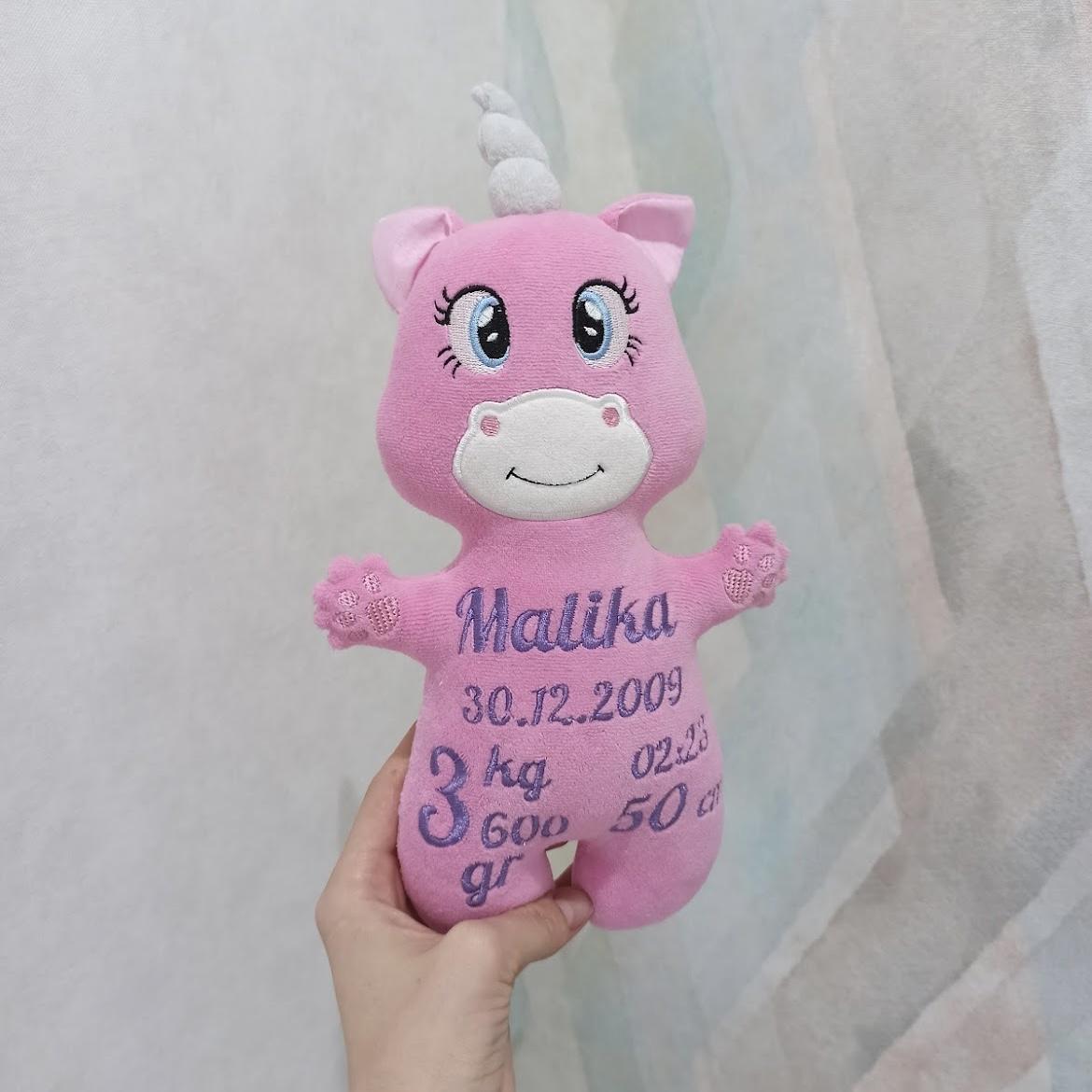 Pupazzo personalizzato unicorno rosa viola