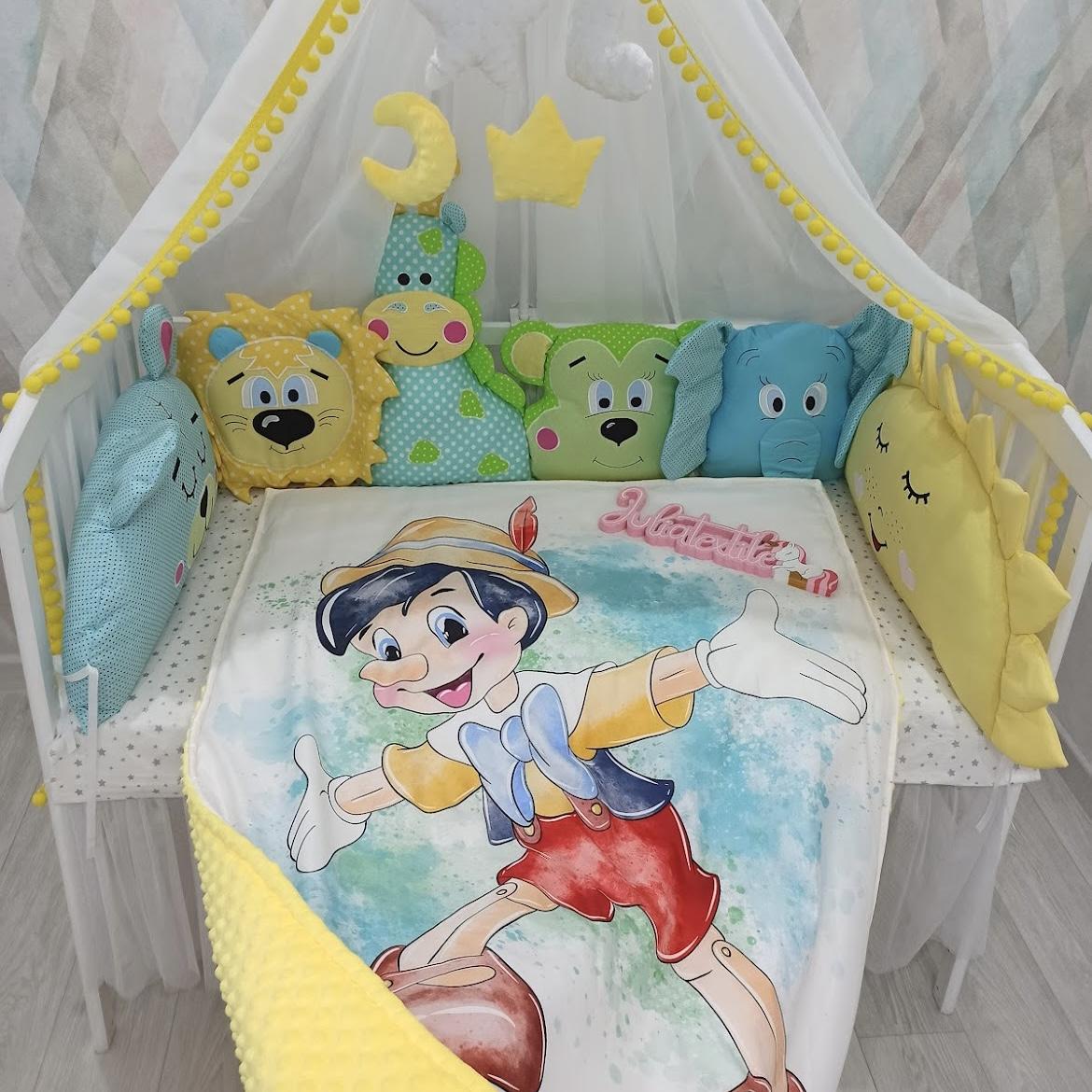 Set of Pinocchio character cushions with colorful animals