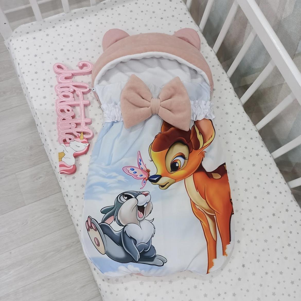 Sacco nanna con la stampa bambi e tamburino rosa antico bianco