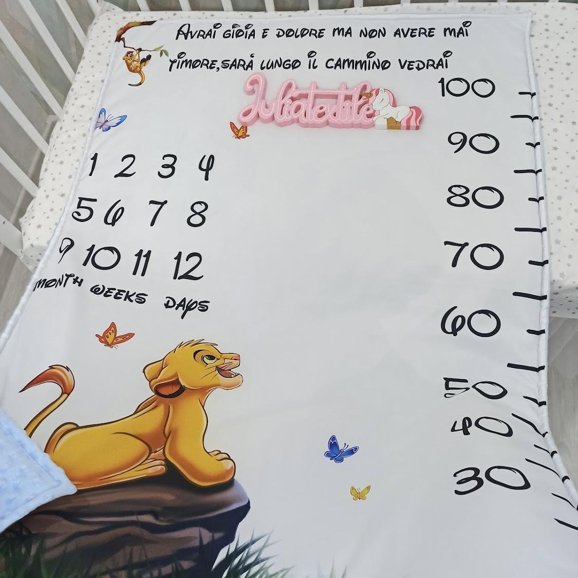 Reversible blanket with the print of the months of Releone Simba's birth