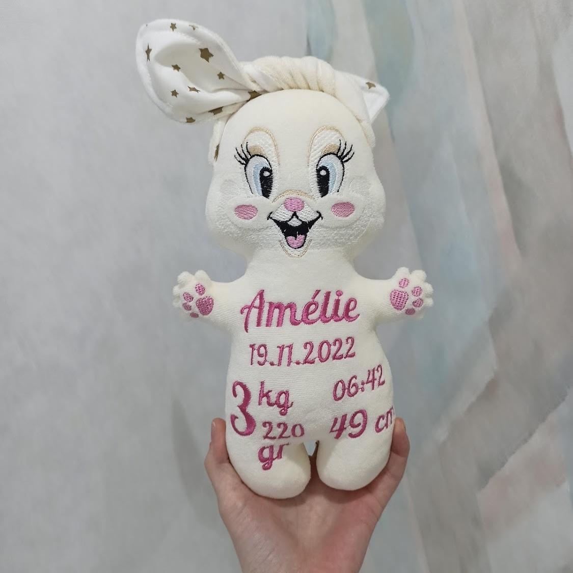 Pupazzo Personalizzato Coniglietta con orecchie panna fucsia