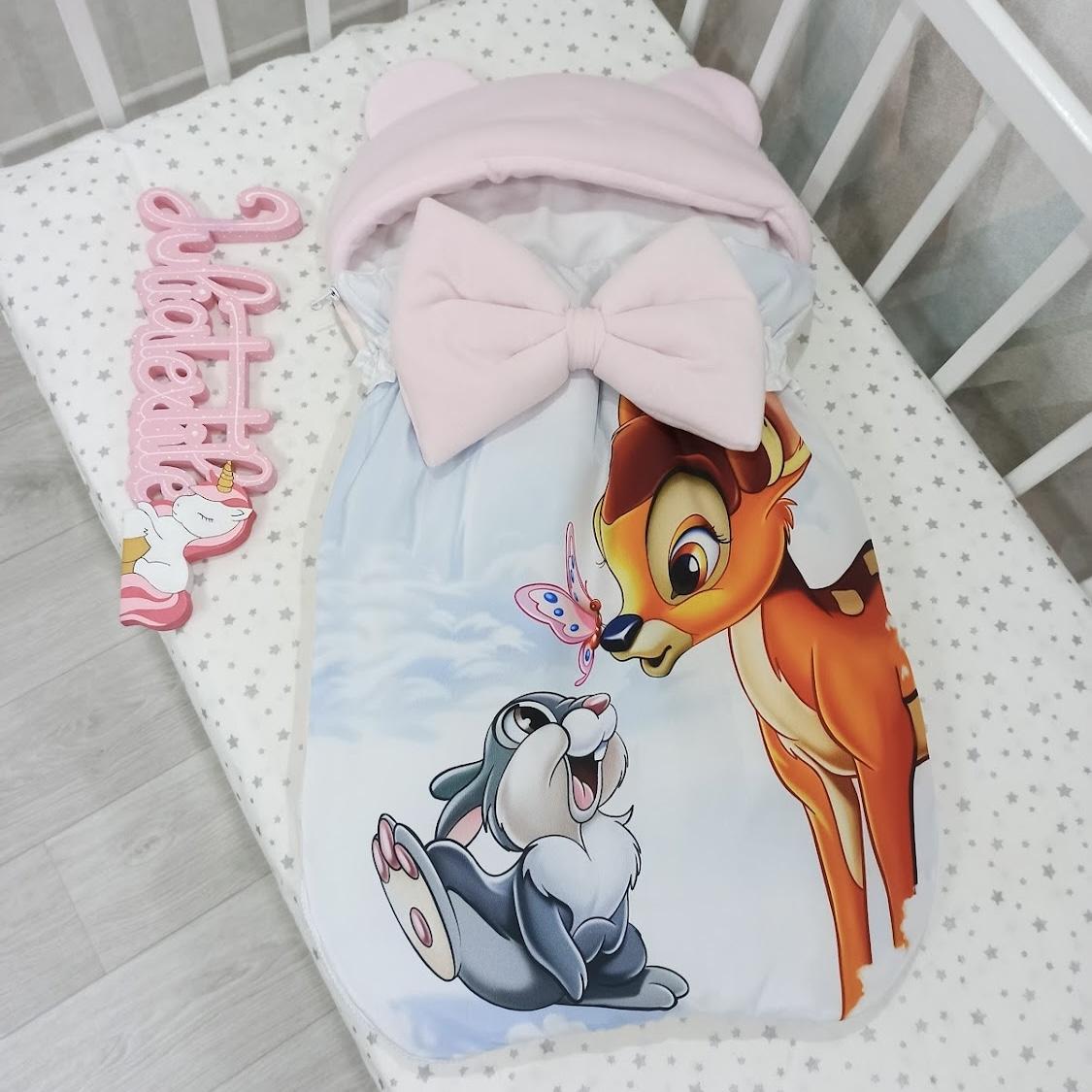 Sleeping bag with white and pink Bambi graphics