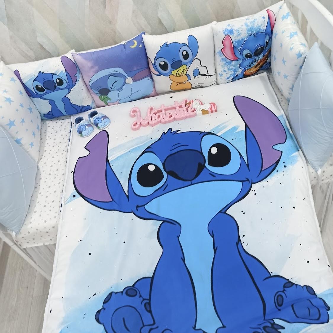Stitch blue white cot bumper cushion set
