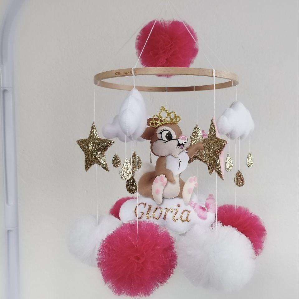 Handmade baby mobile with bunny, clouds and stars – Pink e Gold